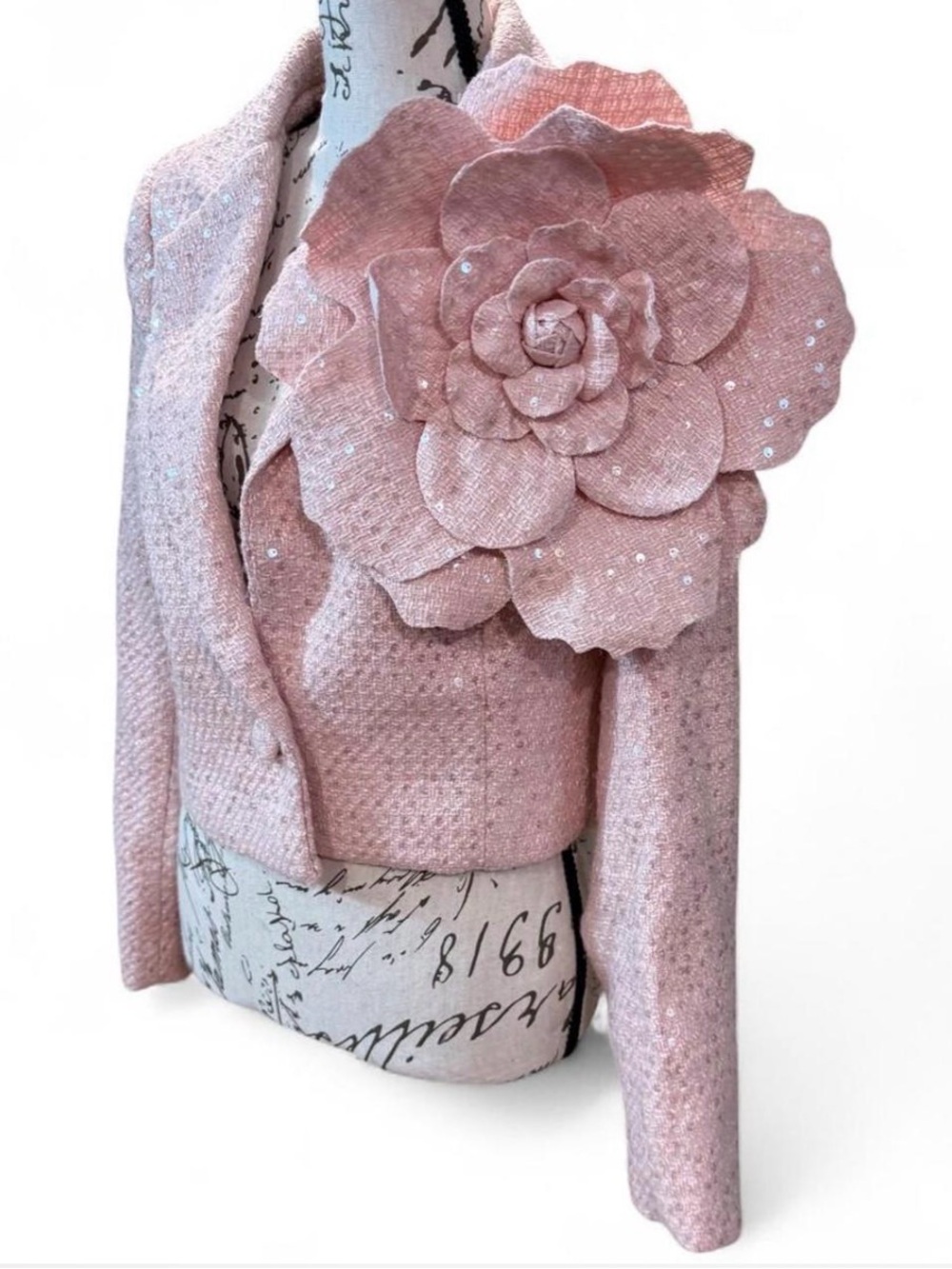 La’Ros Pink Sequin Tweed Jacket 3D Flower Maximalist Editorial Carrie Bradshaw S